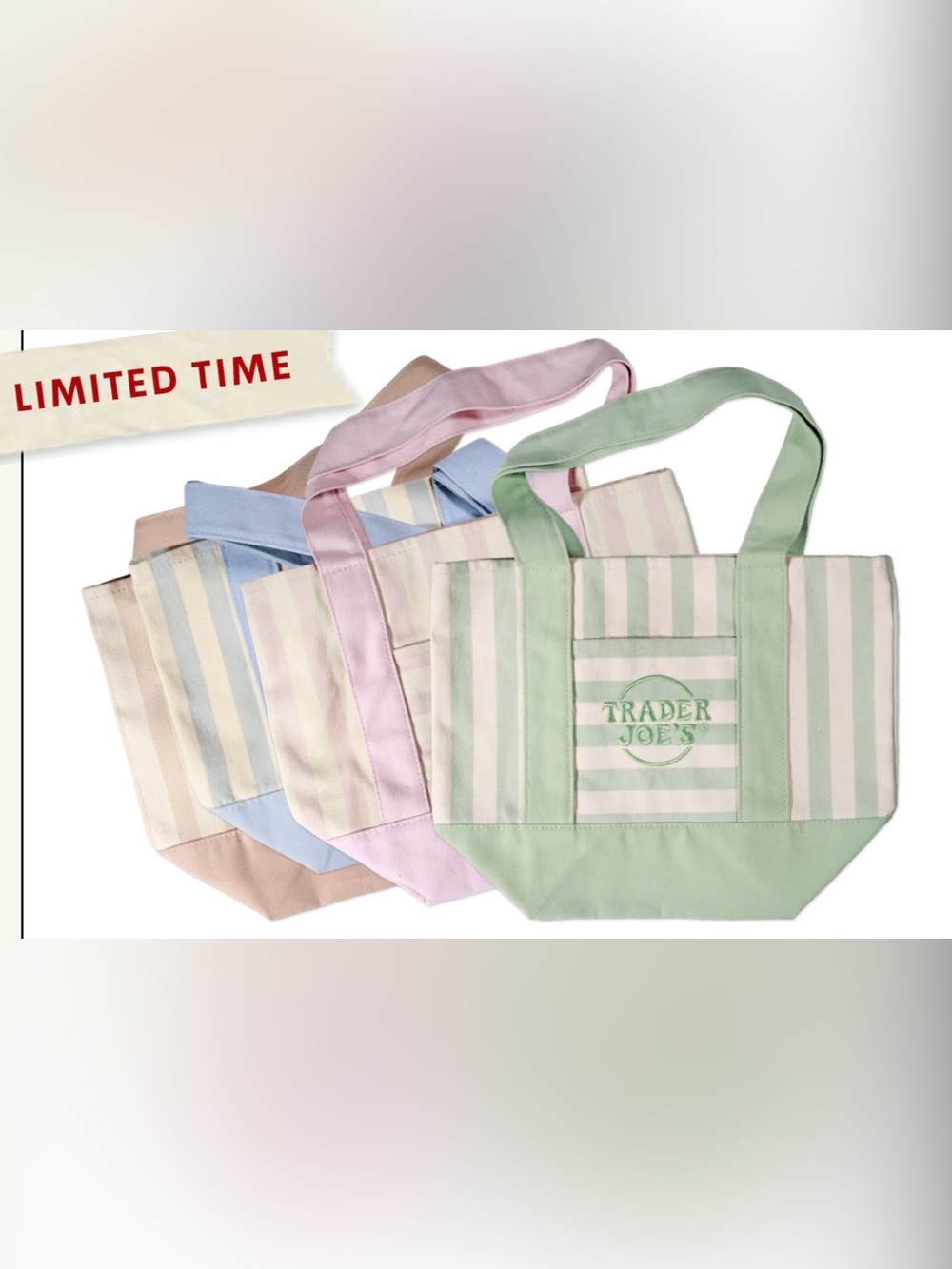 NWT - Authentic Trader Joe's Pastel Stripe Canvas Tote Bag - Set of Four